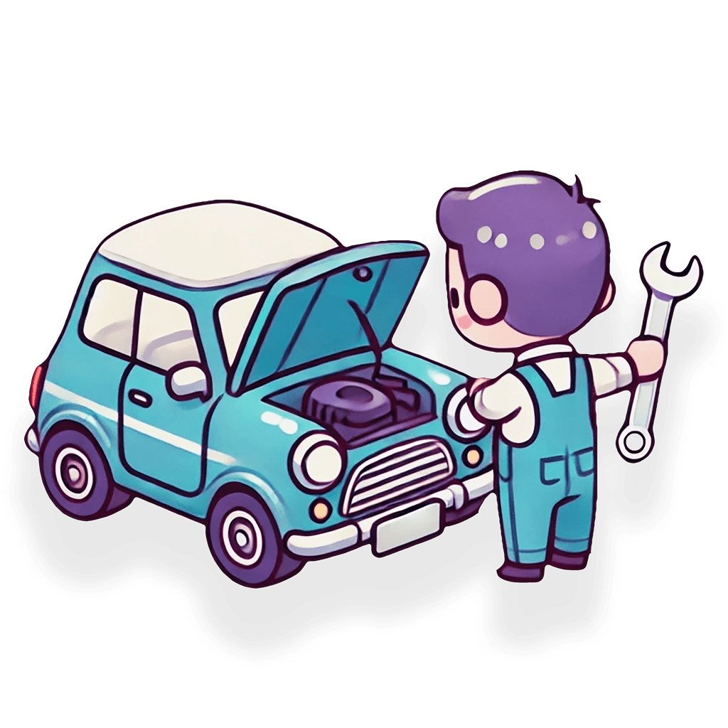 Illustration eines Mechanikers mit Fahrzeug